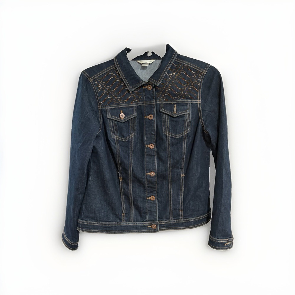 Christopher & Banks Womens M Denim Jacket Dark Wash Rhinestone Stretch F164